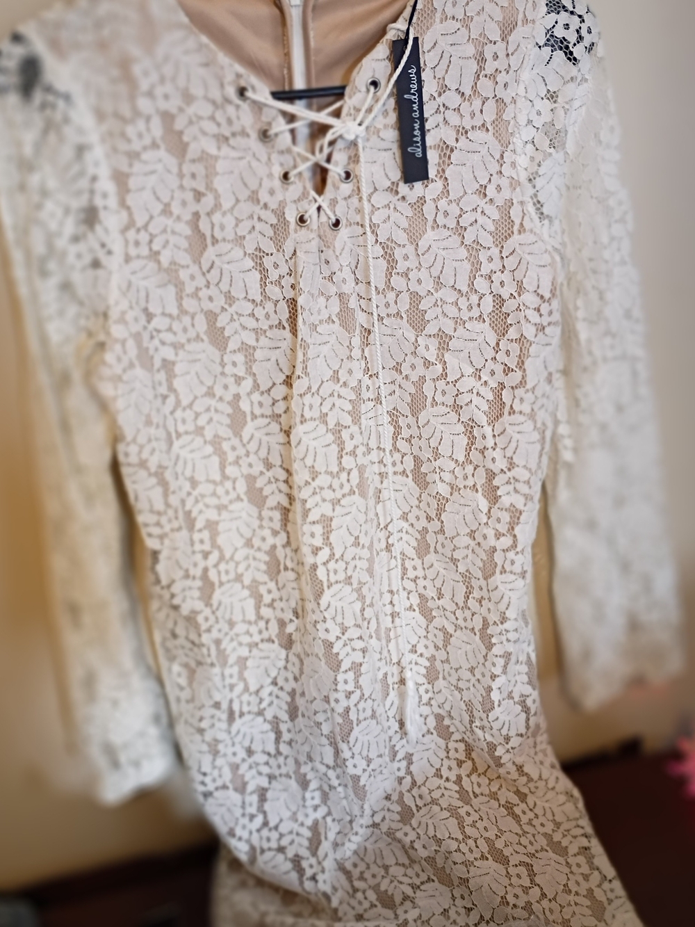 Lace Overlay Long Sleeve Dress - Cream...New